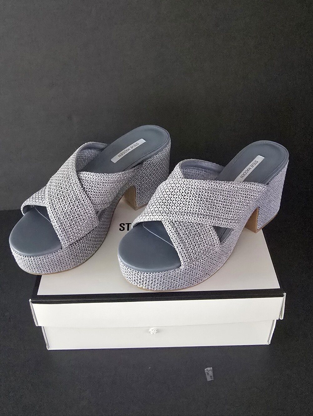 Steve Madden Slate Blue Knit Crisscross Platform Block Heel Mule Sandals